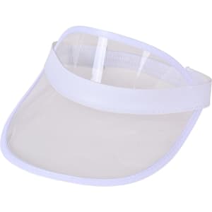 A white PVC sunscreen hat with a clear visor and a white band. It features a logo on the band.