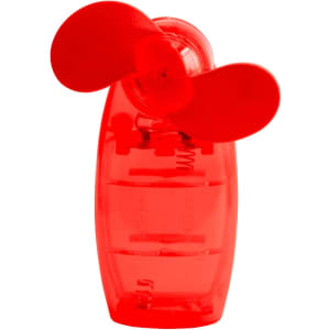 A transparent red handy fan with two propeller blades and a small branding logo.