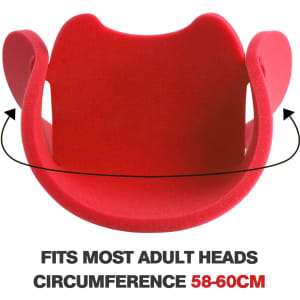 A bright red party hat shaped like a cowboy hat, suitable for most adult head sizes. Features a logo.