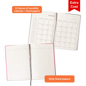 A5 PU cover notebook featuring a monthly calendar and lined pages, with a ribbon bookmark. Available in various colours.