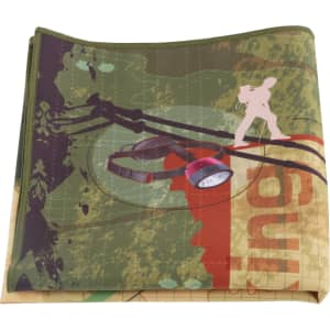 A folded green and patterned gym towel featuring an abstract design and a logo.