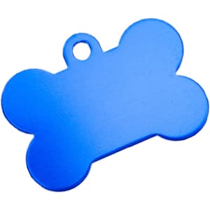 A blue bone-shaped pet ID tag with a hole for attachment and a smooth surface. It has a minimalistic design.