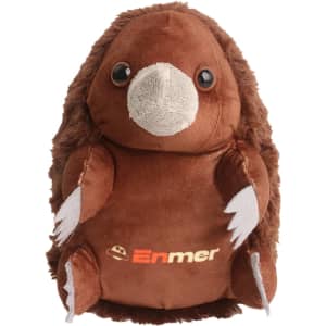 A brown echidna plush toy with grey accents and a small logo on its body. It has large eyes and a rounded shape.