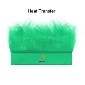 A solid green headband wig with a fluffy texture and a logo on the band.