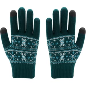 A pair of teal Jacquard gloves featuring a snowflake pattern in white and grey fingertips. The gloves have a knitted design.