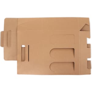 A cardboard packaging box in a light brown hue, designed to hold three wine bottles, featuring cutout handles and a logo.