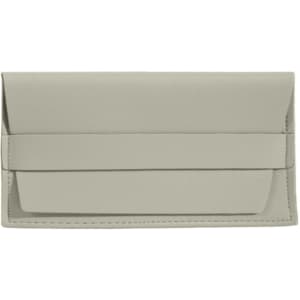 A PU leather glasses pouch in a light grey colour with a fold-over design and an included logo.