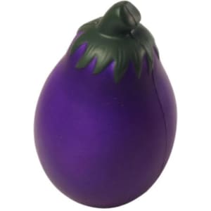 A purple eggplant-shaped stress reliever with a green stem. It has a smooth, matte finish and a round shape.