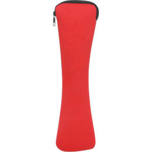 A red zippered pouch designed to hold a travel utensils set, featuring a sleek, curved shape.