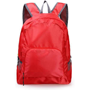A red backpack with mesh side pockets and adjustable straps, featuring a front zip pocket and a logo.