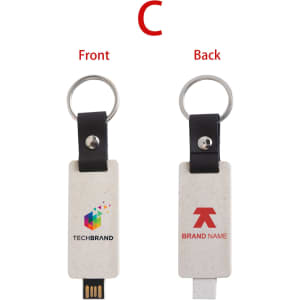 An eco-friendly mini flash drive keychain in a pale shade, featuring logos on both sides.