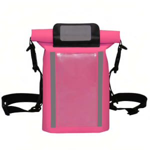 A waterproof crossbody handlebar bag in bright pink with reflective stripes and adjustable straps. It features a clear front pocket.