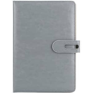 A grey PU notebook with a clasp closure, featuring a smooth textured surface and a logo on the cover.
