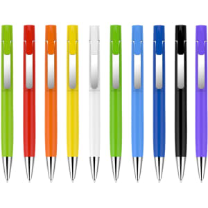 A selection of ten pens in green, red, yellow, orange, white, blue, black, and purple, featuring silver clips.
