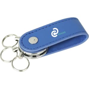 A blue PU leather swivel drive with three key rings and a logo.