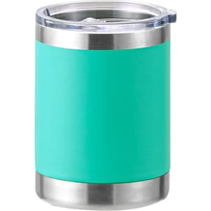 A drink bottle with a turquoise body and stainless steel base, featuring a clear lid and a logo.