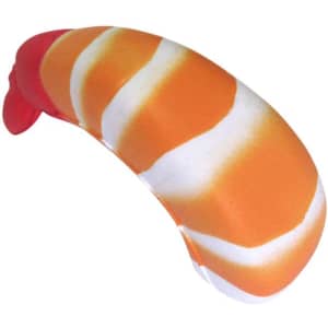 A shrimp-shaped stress reliever in orange and white, featuring a smooth, squishy design. It has a logo on the side.