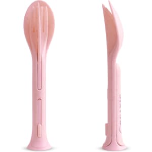 A 3-in-1 portable utensils set in pink, featuring a fork, spoon, and chopsticks, with a sleek design and logo.