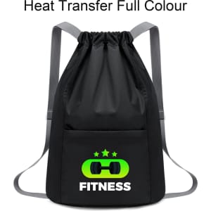 A black drawstring backpack with a green and white graphic logo and grey straps. It features a front pocket.