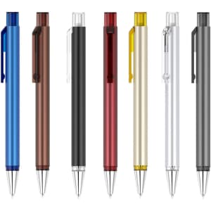 A collection of metal pens in blue, brown, red, gold, silver, and black, with various clip designs and a logo on each.