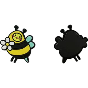 A bee-shaped PVC fridge magnet in yellow and black, featuring a flower, with a smooth black backside.