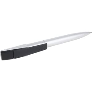 A silver USB memory pen with a black cap and a sleek design, featuring a logo on the side.