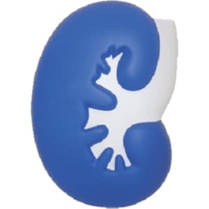 A blue kidney-shaped stress reliever with a white accent and a textured surface. It has a logo displayed.