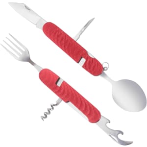 A multi-tool cutlery set in red, featuring a knife, fork, spoon, corkscrew, and bottle opener. Includes a logo.