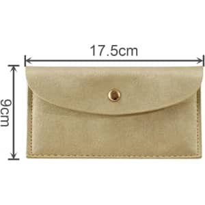 A PU leather glasses pouch in a light beige colour, featuring a button closure and measuring 17.5 cm by 9 cm.