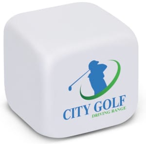 A white 50mm cube-shaped stress reliever featuring a logo. Ideal for stress relief and promotional use.