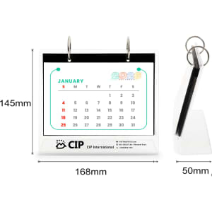 Acrylic desk calendar and photo album organiser displaying a colourful calendar layout with a branding logo, in clear acrylic.