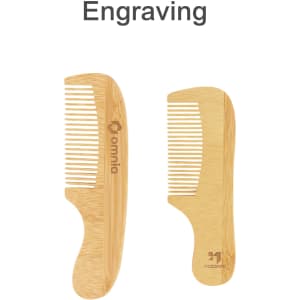 A natural bamboo comb with a handle, featuring a light wood colour and two different styles. It includes branding.