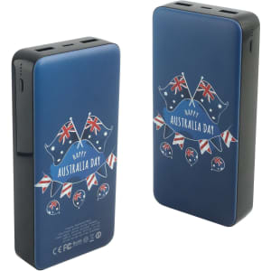 A blue power bank with a full colour print design featuring Australian symbols and a logo on both sides.