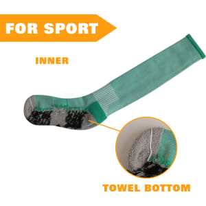 Knee high sports socks in green with a towel bottom feature for enhanced comfort, including a logo.