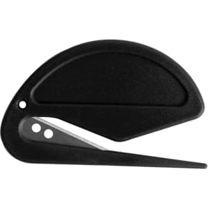 A black coloured letter opener with a curved design and a pointed blade, featuring a branding logo.