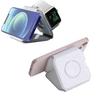 A foldable MagSafe wireless charger in white, designed to hold a smartphone and smartwatch on a compact stand.