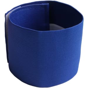 A blue stretchy armband, designed as a clothing accessory, with a plain texture and a logo.