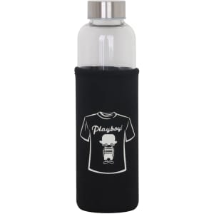 A drink bottle with a clear glass body, stainless steel lid, and black sleeve featuring a graphic design.
