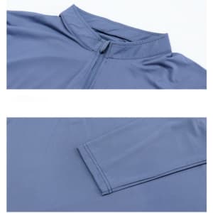 A polyester spandex jacket in blue, featuring a stand-up collar and quarter-zip design, with long sleeves and a logo.
