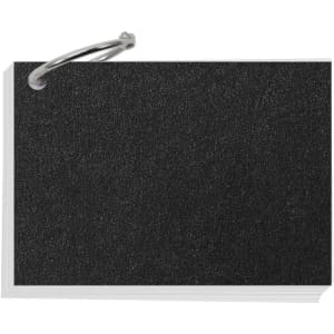 A7 pearlescent index cards in black, secured with a metal ring, showing a textured surface.