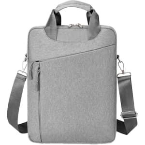 A grey business sling laptop bag with a handle, shoulder strap, and front zippered pocket. It features a logo.