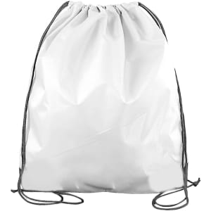 A white polyester drawstring bag featuring black drawstrings and an unbranded design.