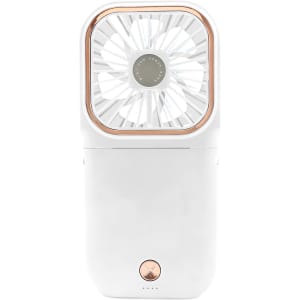 A white folding neck fan with a phone stand feature, featuring a rose gold accent and a circular fan design.