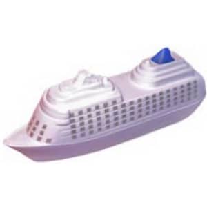 A white and blue cruise ship-shaped stress reliever with a detailed design and a branding logo.