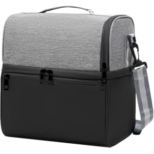 A grey two-compartment lunch bag with a solid black base, featuring a handle and adjustable strap. It has zippers and a logo.