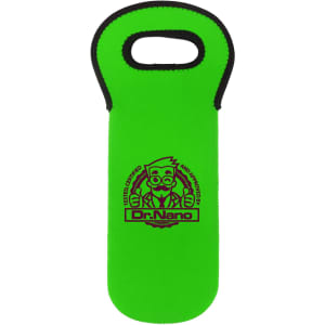 A drink bottle cooler in bright green, featuring a handle and a logo printed on the front.
