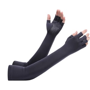 Long sleeve, fingerless gloves in dark navy, featuring a snug fit and textured grip on the palms.