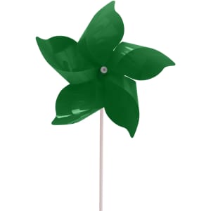 A five-leaf pinwheel in vibrant green with a white stick, designed for outdoor decoration.