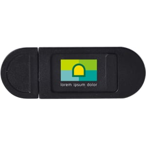 A black tablet webcam cover featuring a rectangular design and a logo.