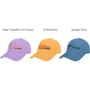 Three baseball caps in pastel colours: purple, yellow, and blue, each featuring different branding styles.